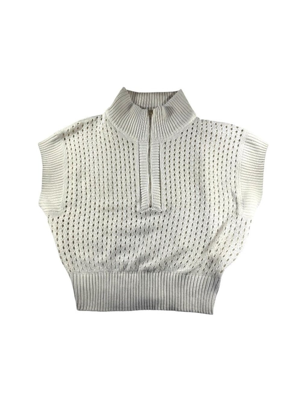 Sleeveless Knit Sweater Vest Zip Collar Small White Cream Neutral